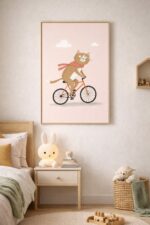 Cycling Cat Wall Art Print – Cute Animal Illustration for Kids Room, Nursery & Modern Home Decor
