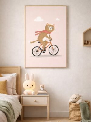 Cycling Cat Wall Art Print – Cute Animal Illustration for Kids Room, Nursery & Modern Home Decor