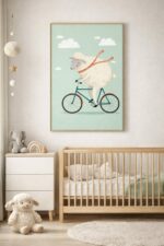 Cycling Sheep Wall Art Print – Cute Farm Animal Illustration for Kids Room, Nursery & Modern Home Decor