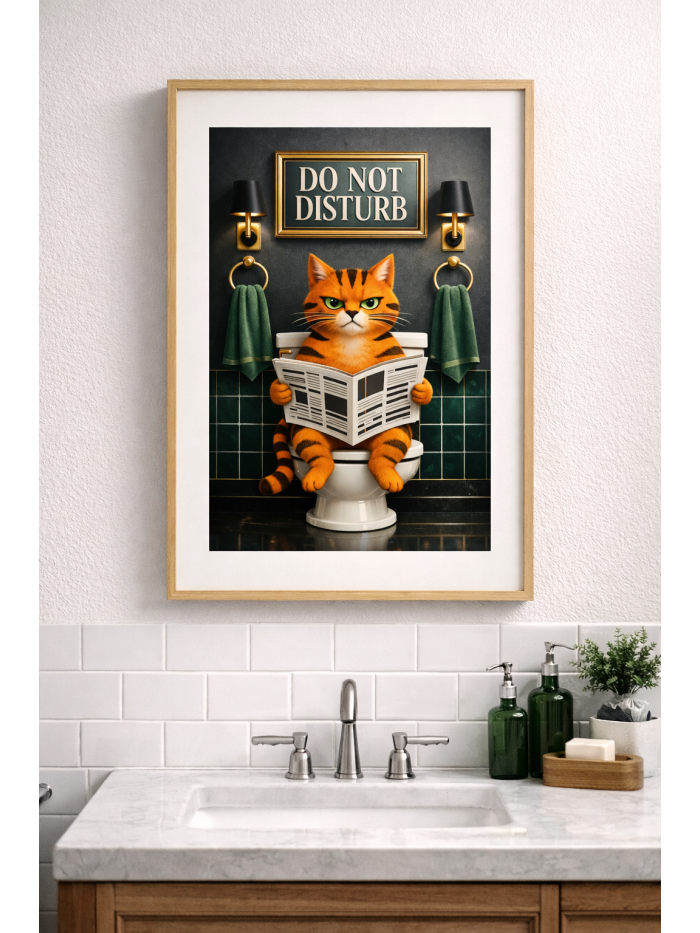Funny Cat Bathroom Wall Art Print, Do Not Disturb Cat Illustration, Humorous Toilet Cat Poster, Modern Bathroom Decor
