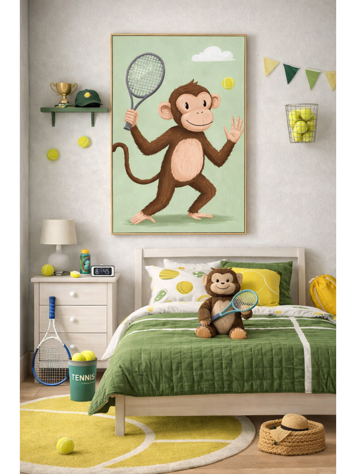Tennis Monkey Wall Art Print – Cute Safari Animal Illustration for Kids Room, Nursery & Modern Home Decor