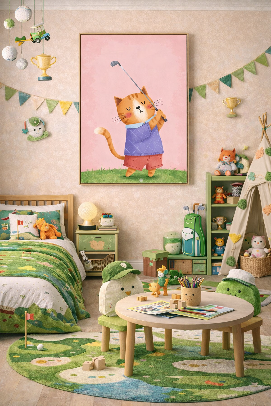 Whimsical Cat Golf Wall Art Print – Cute Animal Illustration for Nursery, Kids Room & Playroom Decor - Image 3