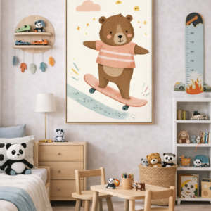 Skateboarding Bear Wall Art Print, Cute Animal Nursery Decor, Kids Room Playroom Illustration, Woodland Animal Art