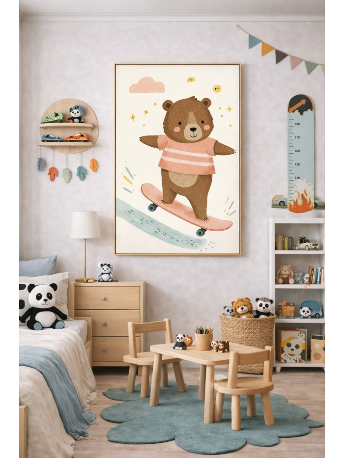 Skateboarding Bear Wall Art Print, Cute Animal Nursery Decor, Kids Room Playroom Illustration, Woodland Animal Art