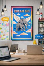 Dream Big Flying Elephant Wall Art – Inspirational Motivational Illustration Print for Modern Home, Office & Nursery Decor