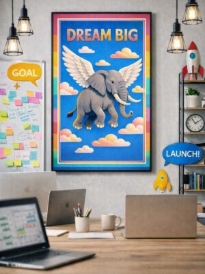 Dream Big Flying Elephant Wall Art – Inspirational Motivational Illustration Print for Modern Home, Office & Nursery Decor