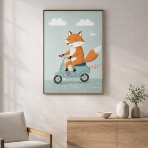 Whimsical Fox Scooter Wall Art Print – Cute Animal Illustration for Nursery, Kids Room & Playroom Decor