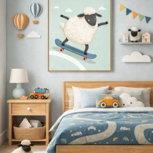 Skateboarding Sheep Wall Art Print – Cute Farm Animal Illustration for Kids Room, Nursery & Modern Home Decor