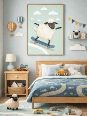 Skateboarding Sheep Wall Art Print – Cute Farm Animal Illustration for Kids Room, Nursery & Modern Home Decor