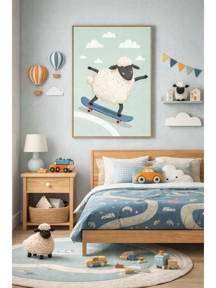 Skateboarding Sheep Wall Art Print – Cute Farm Animal Illustration for Kids Room, Nursery & Modern Home Decor