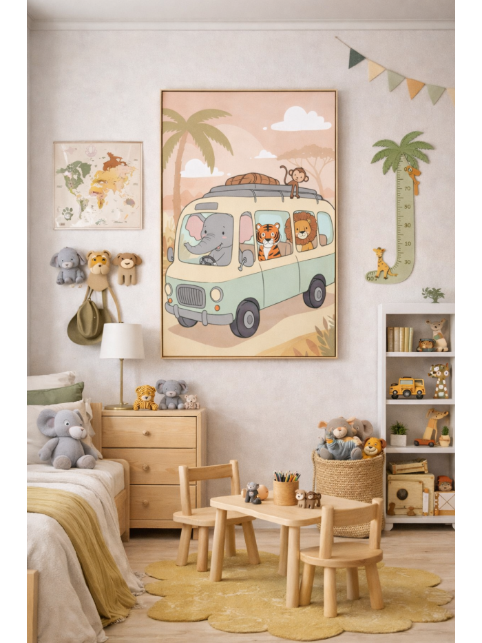 Safari Adventure Bus Wall Art Print – Cute Jungle Animals Illustration for Nursery, Kids Room & Playroom Decor