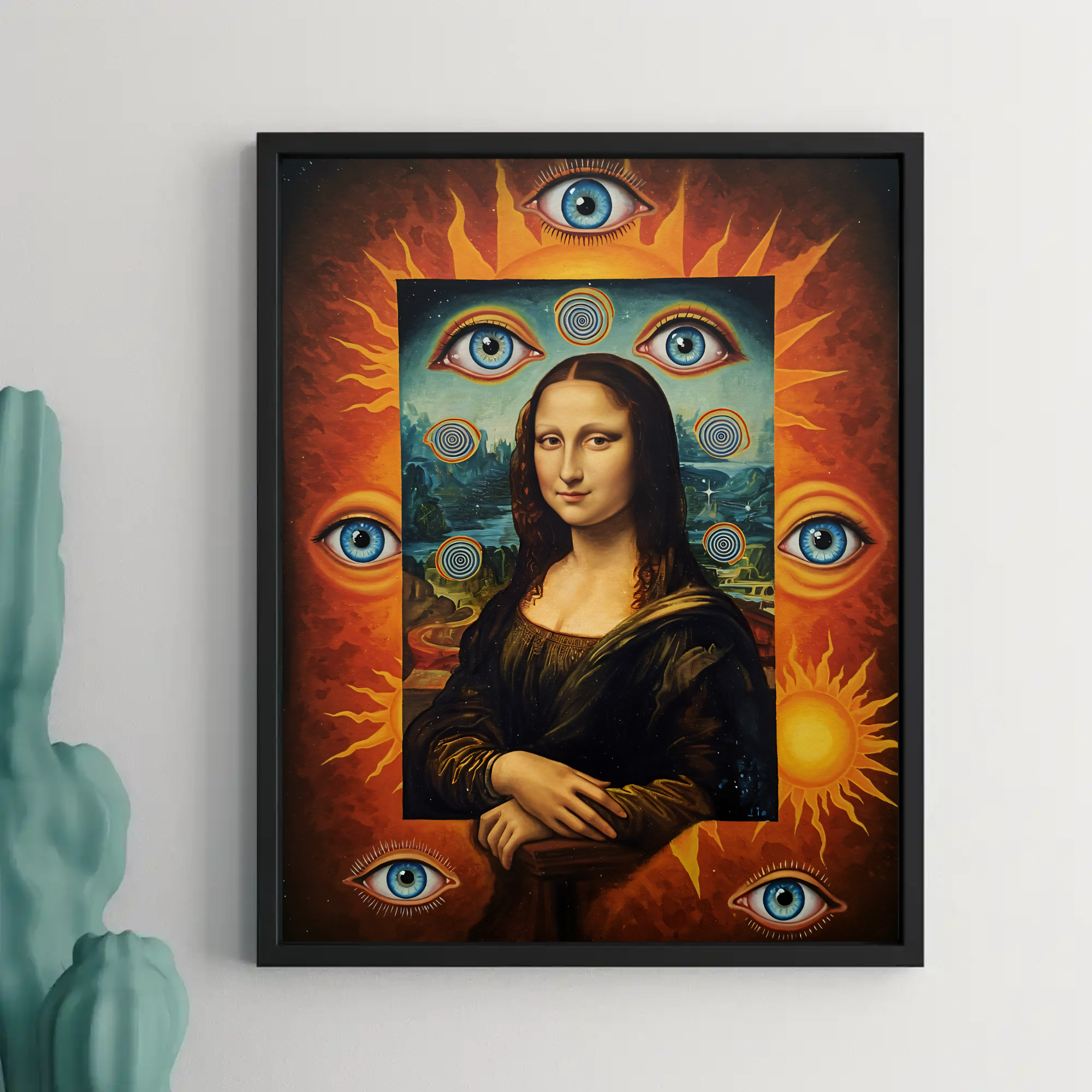Trippy Mona Lisa Wall Art Print, Surreal Sun & Eye Portrait, Psychedelic Renaissance Artwork, Mystical Cosmic Wall Decor, Modern Statement Art Print - Image 2