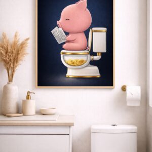 Funny Piggy Bank Wall Art Print, Pig on Toilet Money Illustration, Humorous Bathroom & Office Decor Poster