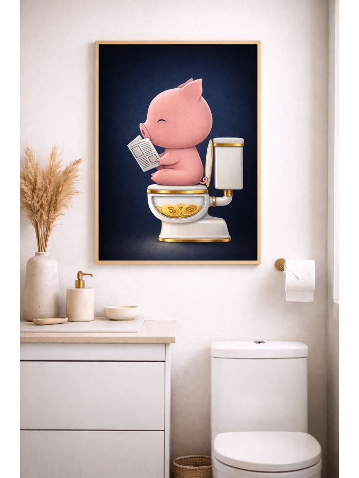 Funny Piggy Bank Wall Art Print, Pig on Toilet Money Illustration, Humorous Bathroom & Office Decor Poster