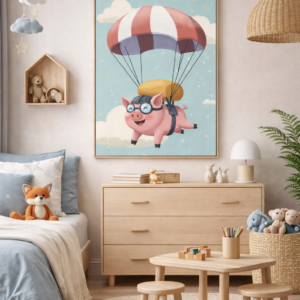 Whimsical Pig Parachute Wall Art Print – Cute Flying Animal Illustration for Nursery, Kids Room & Playroom Decor