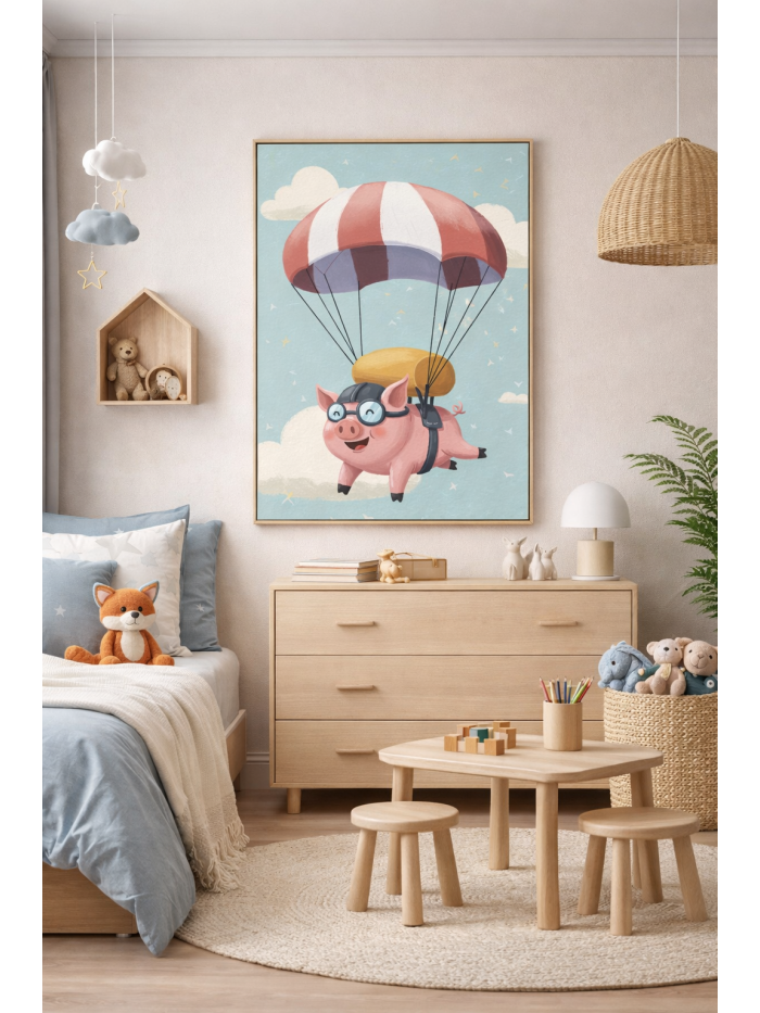 Whimsical Pig Parachute Wall Art Print – Cute Flying Animal Illustration for Nursery, Kids Room & Playroom Decor
