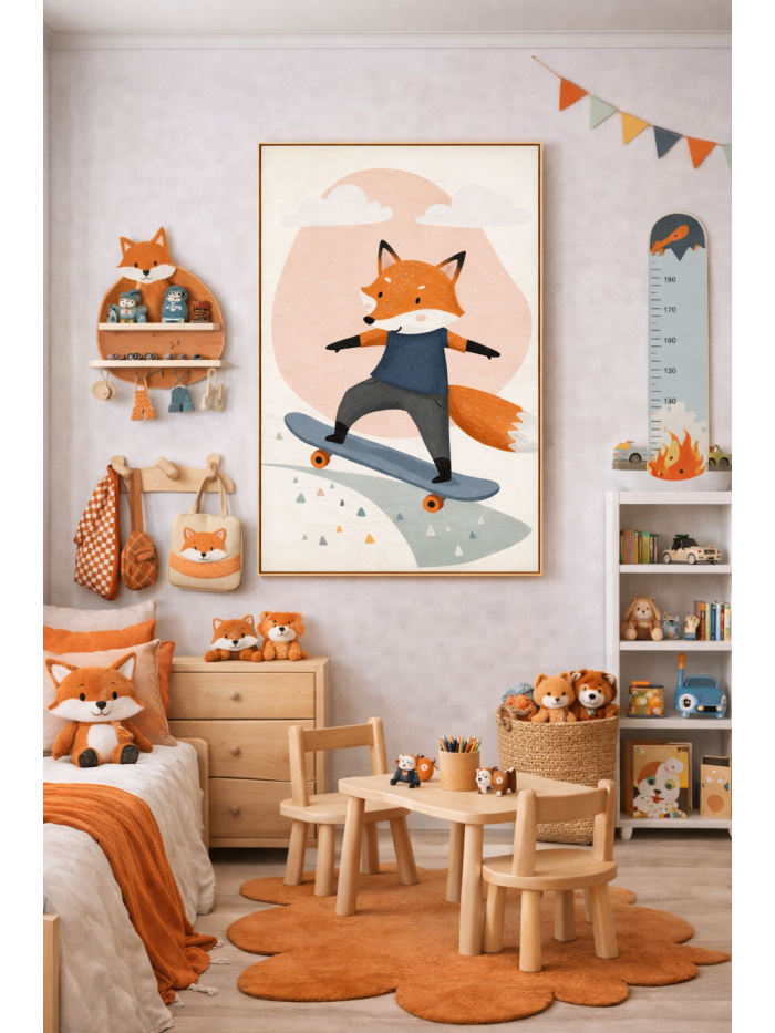 Skateboarding Fox Wall Art Print, Cute Animal Nursery Decor, Kids Room Playroom Illustration, Woodland Animal Art