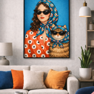 Stylish Woman & Cat Wall Art – Fashion Illustration Print with Sunglasses for Modern Home & Chic Interior Decor