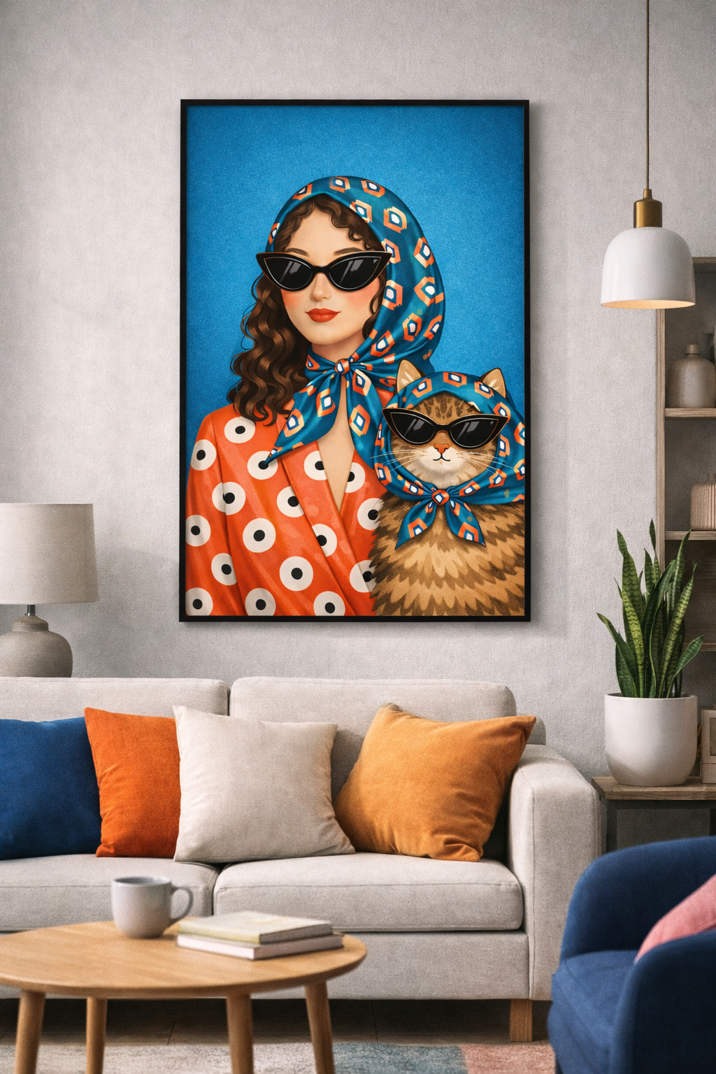 Stylish Woman & Cat Wall Art – Fashion Illustration Print with Sunglasses for Modern Home & Chic Interior Decor