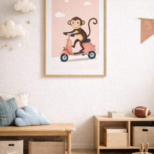 Whimsical Monkey Scooter Wall Art Print – Cute Animal Illustration for Nursery, Kids Room & Playroom Decor