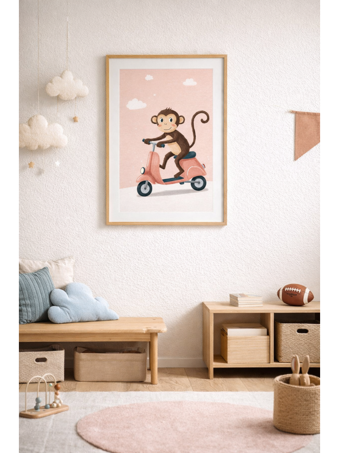 Whimsical Monkey Scooter Wall Art Print – Cute Animal Illustration for Nursery, Kids Room & Playroom Decor