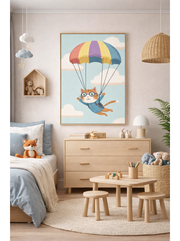 Whimsical Cat Parachute Wall Art Print – Cute Flying Animal Illustration for Nursery, Kids Room & Playroom Decor