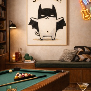 Surprise Bat Cat Wall Art Print – Cute Minimal Illustration with Playful Humor