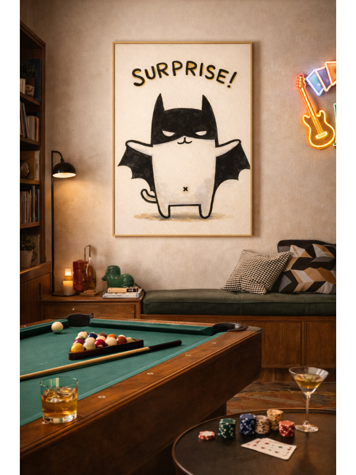 Surprise Bat Cat Wall Art Print – Cute Minimal Illustration with Playful Humor