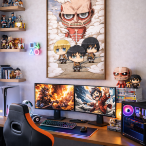 Attack on Titan Chibi Wall Art Print – Scout Regiment vs Colossal Titan | Anime Fantasy Artwork