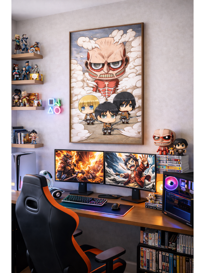 Attack on Titan Chibi Wall Art Print – Scout Regiment vs Colossal Titan | Anime Fantasy Artwork