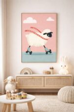 Roller Skating Sheep Wall Art Print – Cute Farm Animal Illustration for Kids Room, Nursery & Modern Home Decor