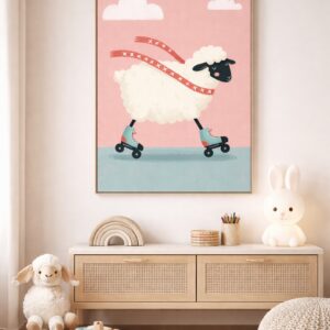 Roller Skating Sheep Wall Art Print – Cute Farm Animal Illustration for Kids Room, Nursery & Modern Home Decor