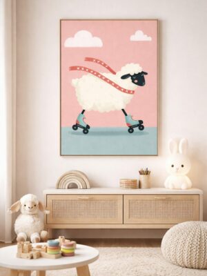 Roller Skating Sheep Wall Art Print – Cute Farm Animal Illustration for Kids Room, Nursery & Modern Home Decor