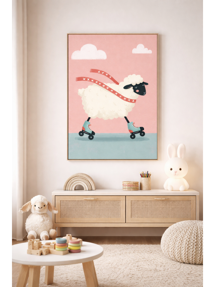 Roller Skating Sheep Wall Art Print – Cute Farm Animal Illustration for Kids Room, Nursery & Modern Home Decor