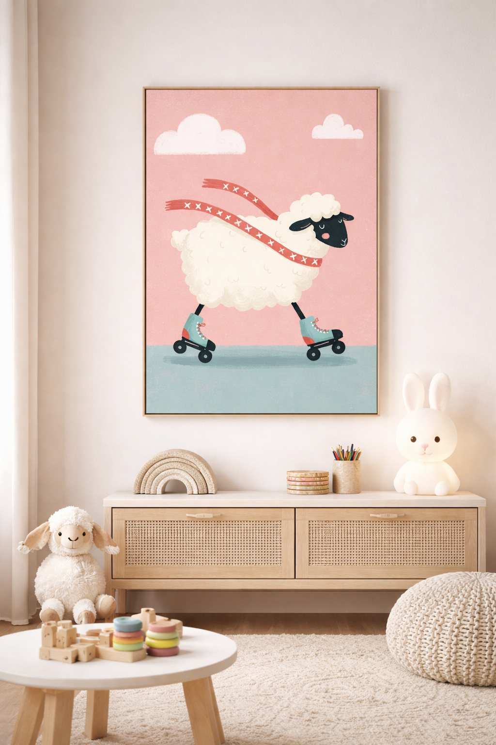 Roller Skating Sheep Wall Art Print – Cute Farm Animal Illustration for Kids Room, Nursery & Modern Home Decor