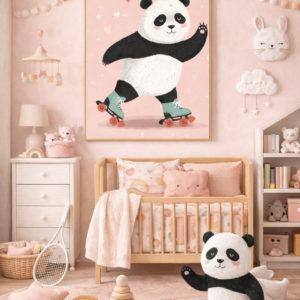 Roller Skating Panda Wall Art Print – Cute Animal Illustration for Kids Room, Nursery & Modern Home Decor