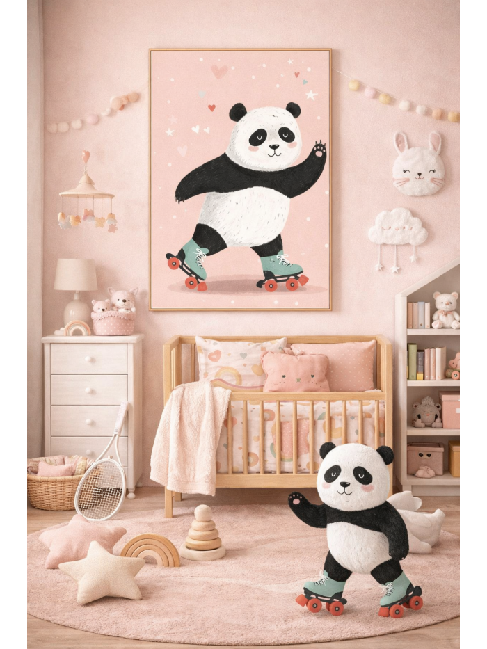 Roller Skating Panda Wall Art Print – Cute Animal Illustration for Kids Room, Nursery & Modern Home Decor