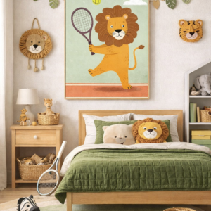 Tennis Lion Wall Art Print – Cute Safari Animal Illustration for Kids Room, Nursery & Modern Home Decor