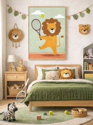 Tennis Lion Wall Art Print – Cute Safari Animal Illustration for Kids Room, Nursery & Modern Home Decor