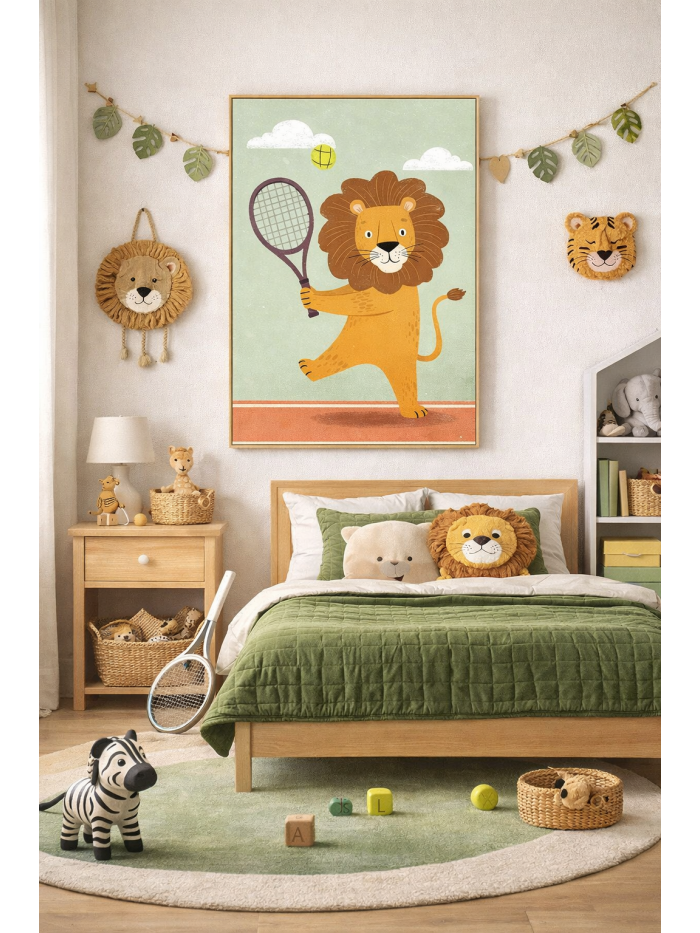 Tennis Lion Wall Art Print – Cute Safari Animal Illustration for Kids Room, Nursery & Modern Home Decor