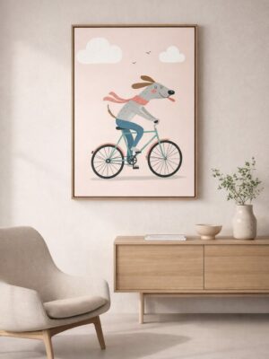 Whimsical Dog Bicycle Illustration Wall Art