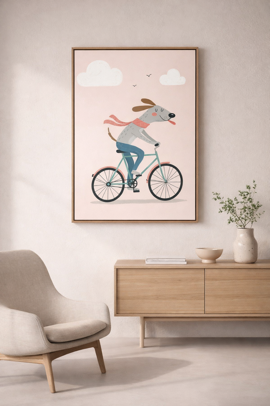 Whimsical Dog Bicycle Illustration Wall Art