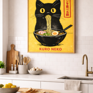 Japanese-Inspired Illustration Wall Art – Premium Gallery-Style Art Print Featuring Minimalist Cat and Ramen Design