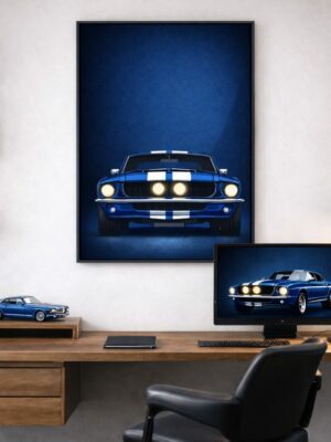 Ford Mustang Front View – Blue Racing Stripes Classic Muscle Art Print