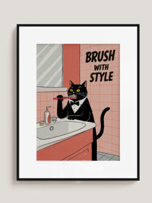 Funny Cat Bathroom Art | "Brush With Style" Tuxedo Cat Print | Cute Quirky Wall Decor