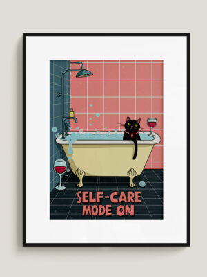 Funny Cat Bathroom Art | "Self-Care Mode On" Digital Print | Relaxing Bathtub Wall Decor | Cute Cat Poster
