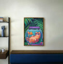 Funny Cat Fishbowl Print, Tropical Jungle Wall Art, Cute Animal Illustration, Whimsical Home Decor