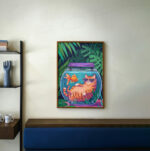 Funny Cat Fishbowl Print, Tropical Jungle Wall Art, Cute Animal Illustration, Whimsical Home Decor