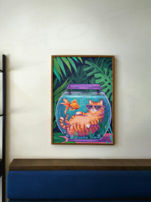 Funny Cat Fishbowl Print, Tropical Jungle Wall Art, Cute Animal Illustration, Whimsical Home Decor