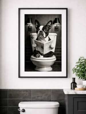 Funny Dog Bathroom Wall Art Print, Black and White Bulldog Toilet Illustration, Humorous Bathroom Decor Poster, Modern Monochrome Wall Art